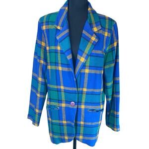 Vintage Samantha Blazer Women’s Blue Plaid Wool Blend Made USA Single Button S